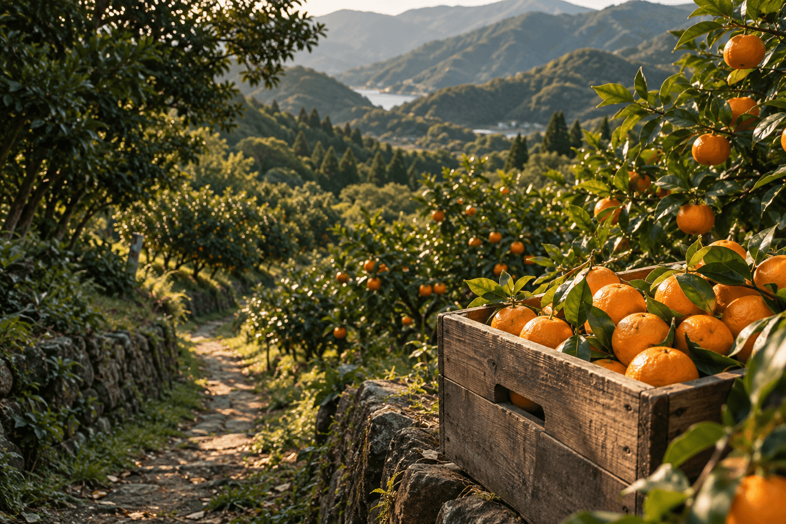 Illustration of a sunlit Japanese citrus orchard with freshly harvested mandarins